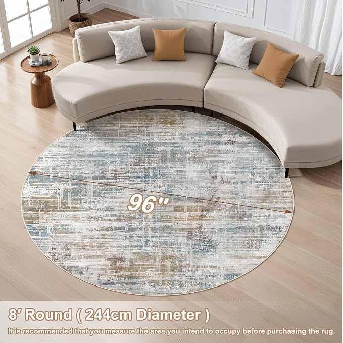 UERMEI 8ft Round Area Rug for Living Room: 8x8 Washable Neutral Abstract Modern Soft Circle Rugs Non Slip Indoor Floor Stain Resistant Carpet for Bedroom Dining Room Office Nursery Blue Brown