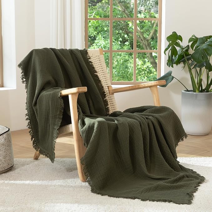 MooMee Muslin Blanket - 100% Cotton 4-Layer Gauze Throw Blanket with All-Around Fringe, Soft Breathable Lightweight Cooling Summer Blankets for Bed Couch (Olive Green,Super King 108" x 98")