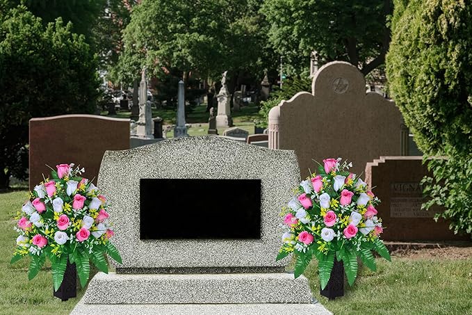 LVXINLI Artificial Cemetery Flowers, Gravesite Decoration Roses, Memorial Bouquets with Cemetery Vase, Vibrant and Long-Lasting Colors (Pink+White, 2 Bundles)