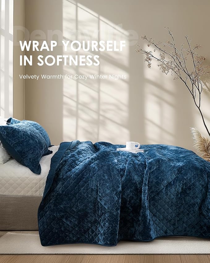 Velvet Quilt Set King Size– 3 Piece Crushed Velvet Bedding with Shams, All Season Soft Bedding Set, Machine Washable, Oeko-TEX Certified & Gift-Worthy Design (Deep Blue)