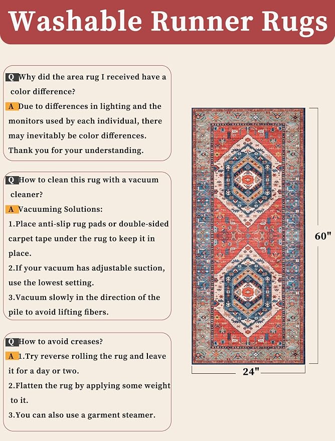 SERISSA Boho Washable Runner Rug, 2x5 Non-Slip Vintage Rust Hallway Kitchen Runner Rug Ultra Soft Print Distressed Tribal Floor Carpet for Bedroom Bathroom Laundry Living Room
