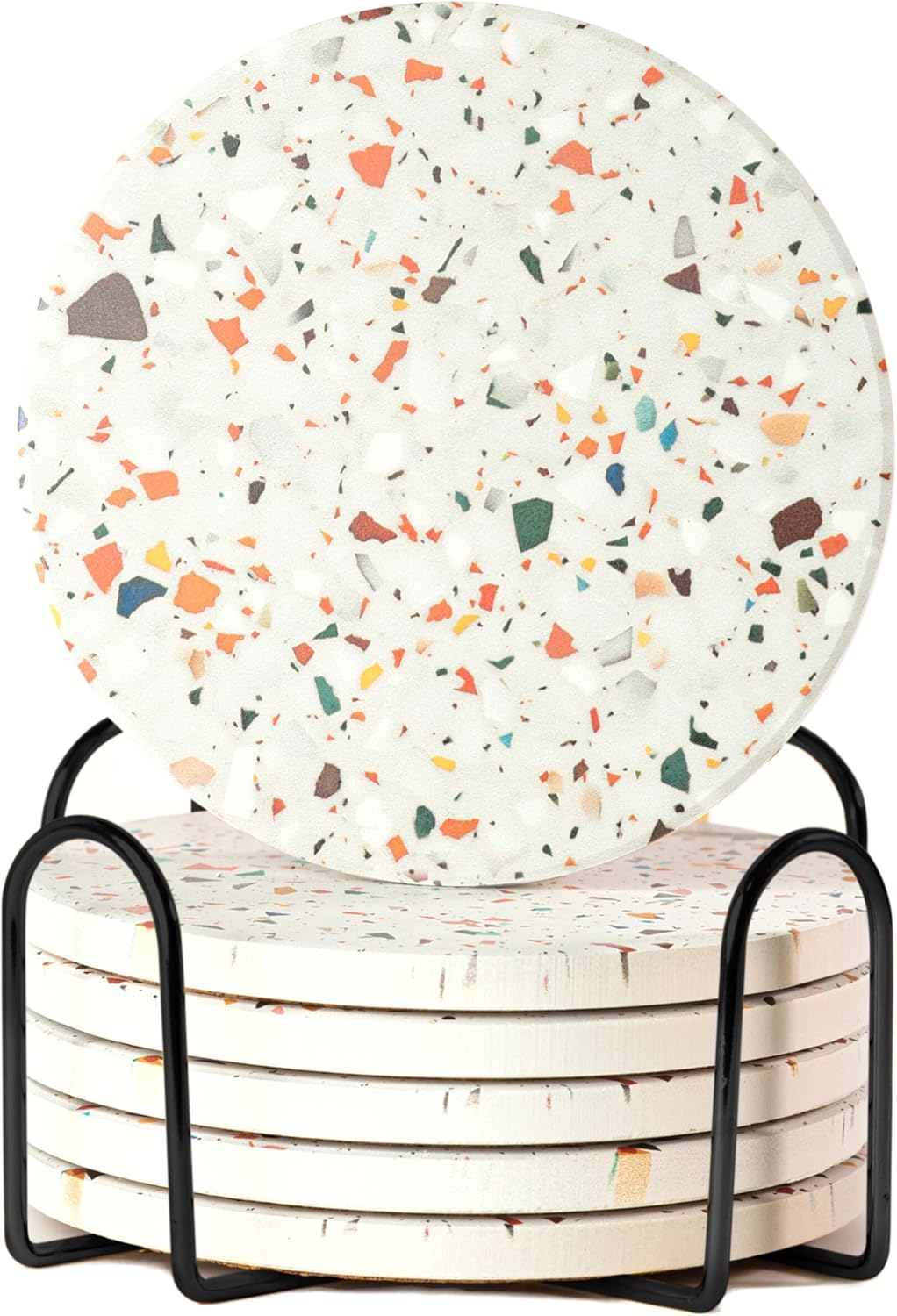 Absorbent Coaster Set of 6 with Holder, Drink Coasters for Coffee Table, Kitchen, Home Decor, Cute Ceramic Round Coasters, Alternative to Silicone, Cork or Glass Coaster (Marble with Black Holder)