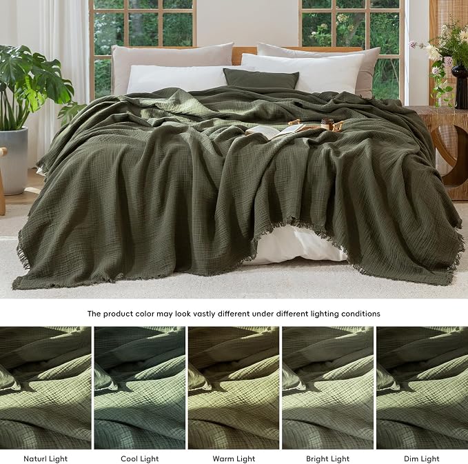 MooMee Muslin Blanket - 100% Cotton 4-Layer Gauze Throw Blanket with All-Around Fringe, Soft Breathable Lightweight Cooling Summer Blankets for Bed Couch (Olive Green,Throw XL 50" x 70")