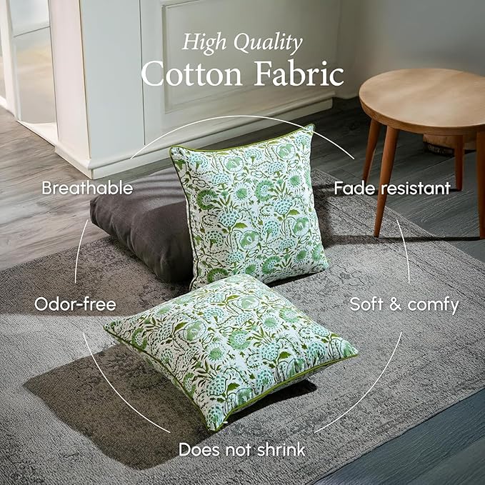 CPC 100% Cotton Throw Pillow Covers 16X16 Green Block Print Pattern Couch Pillow, Cute Boho Decorative Pillows for Living Room, Bedroom with Hidden Zipper- Agate Green