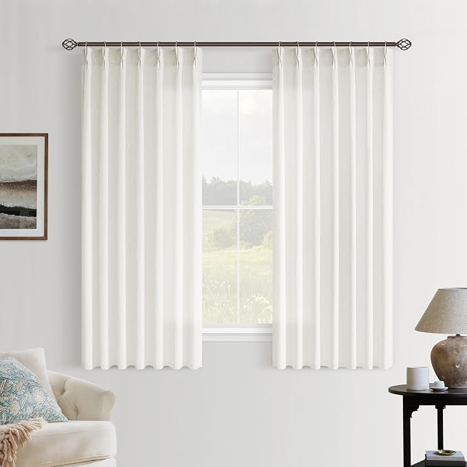 Cream Semi Sheer Linen Pinch Pleated Curtains 54 Inch Long | Neutral Ivory Beige Natural, Small, Light-Filtering Privacy, Bedroom, Boho Modern, Hook Rings Memory Shape, Burlap Textured