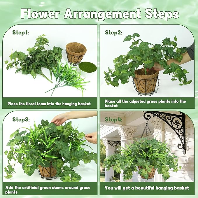 2 Pack Artificial Hanging Plants with Basket, 10 PCS UV Resistant Fake Outdoor Greenery Plants, Faux Grape Leaves for Home Garden Patio Front Porch Yard Decor (Green)