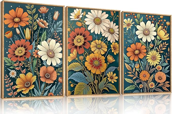 HOURIA Spring Boho Vintage Floral Framed Canvas Wall Art Set,Nordic Retro Colorful Wildflower & Green Leaves Wall Decor,Abstract Vibrant Bouquet Botanical Artwork for Living Room, Bedroom,Farmhouse-16"x24"x3