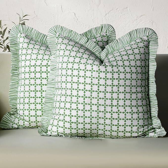 CPC Kelly Green Hand Block Print 100% Cotton Ruffle Throw Pillow Cover 24x24 inch with Hidden Zipper Decorative for Couch, Bed, Sofa, Farmhouse, Cottagecore Decor Gift Christmas Fall Thanksgiving