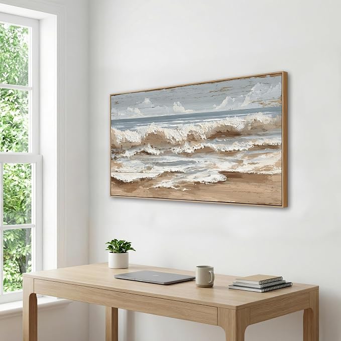 The Mode Art Ocean Wave Canvas Print Framed Beach Landscape Wall Decor Neutral Blue & Beige Artwork for Living Room Bedroom Sofa Fireplace 24x48inch