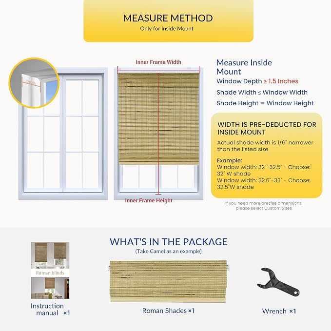 No Drill No Tools Bamboo Roman Shades, Cordless Light Filtering Window Blinds with Valance, Natural Woven Wood Shades for Living Room Dining Room,Stripped Raw Bamboo（Sheer-View）, 30"W x 48"H