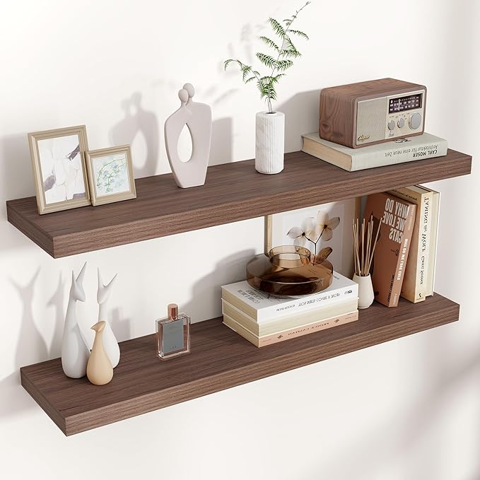36" Wide x 8" Deep Floating Shelves for Wall, Walnut Finish, 2-Pack | Engineered Wood Wall Shelves with Invisible Brackets for Living Room, Bedroom, Bathroom, Office & Kitchen Storage