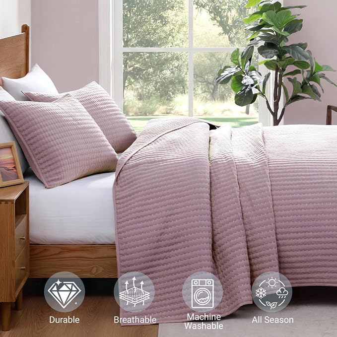 WRENSONGE Queen Quilt-3 Pieces Lightweight Bedspreads Dusty Mauve Queen Size Quilt Bedding Set for All Seasons, Soft Coverlet with 2 Pillow Shams Suitable for Bed & Couch
