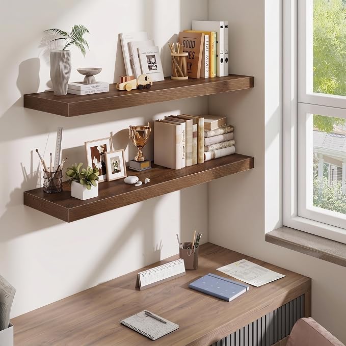 Fun Memories Floating Shelves Set of 2, 40 Inch Long Wooden Wall Shelves, 10 Inch Deep Wall Mounted Storage Shelf with Metal Brackets for Living Room, Bathroom, Bedroom and Kitchen, Walnut