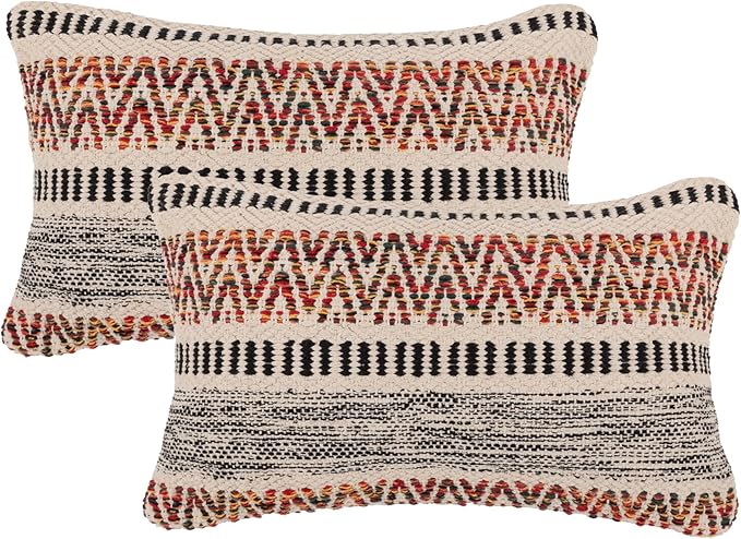 REDEARTH · Boho Textured Throw Pillow Cushion Covers - Lumbar Woven Tufted Decorative Farmhouse Cases Set for Couch, Sofa, Bed, Chair, Dining, Patio, Outdoor; 100% Cotton (12"x20", Multi) Pack of 2
