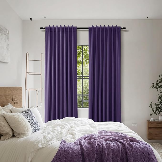 Guken 100% Blackout Curtains 120 Inch Length 2 Panels Set for Living Room Bedroom Back Tab Thermal Insulated Black Out Linen Drapes Room Darkening New Purple,52x120