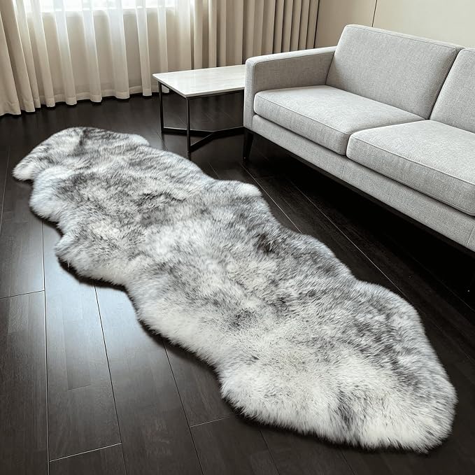 Fluffy Patchwork Sheepskin Rug with Little Patches, Fuzzy Shaggy Fur Genuine Wool Area Carpet for Bedroom Living Room Floor, Pray Pup Mat, Chair Sofa Seat Cover, Wolf Tipped, 2' x 6'