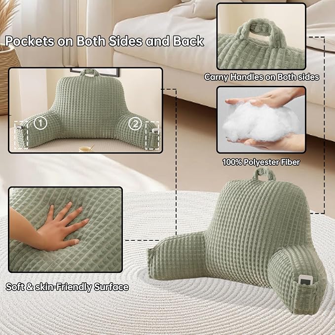 Reading Pillow with Arms for Sitting in Bed,Backrest,Green Flannel,M | 17" Backrest Supports Back for College Students,Elbows & Forearms for Dorm Reading,Gaming,Watching TV
