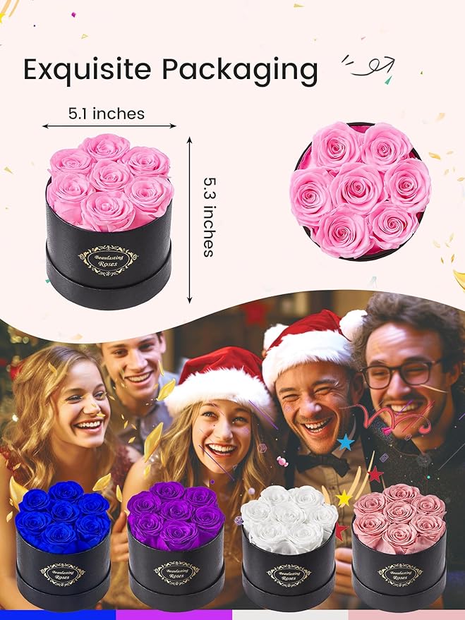 Beaulasting Long Lasting Preserved Roses in a Box Last a Year Forever Flowers for Her Mom Wife Anniversary Birthday (Round Black Box, Light Pink)