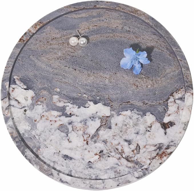 Natural Marble Vanity Tray, Round, 8.3 Inch, with Anti-Slip Pads, for Bathroom, Jewelry, Perfume Display, Coffee Table Decor (White SkyBlue)