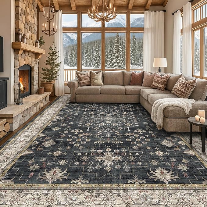 Boho Black Rug for Living Room - Washable 10x12 Area Rug, Dining Room Rugs for Under Table, Soft Low Pile Carpet for Bedroom - Farmhouse Decor, Non-Slip & Stain Resistance