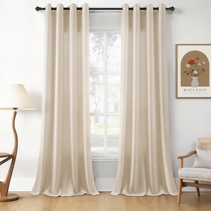 Birch Beige Linen Curtains 90 Inches Long for Living Room Light Filtering Semi Sheer Grommet Top Curtain Luxury Neutral Sheer Modern Farmhouse Privacy Drapes for Bedroom Dinner Room 52x90, 2 Panels