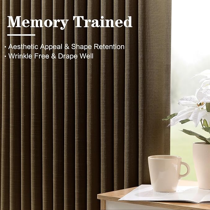 Chocolate Pinch Pleated Linen Curtains 84 Inches Long for Living Room, Light Filtering Pleat Drapes Textured Thick Memory Trained Semi-Sheer Curtain with Hooks for Bedroom Dining Room, 2 Panels