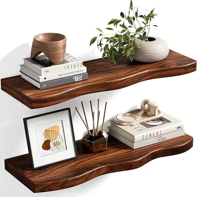 Floating Shelves for Wall, 24 inch Rustic Wooden Floating Shelves, Wall-Mounted Floating Bookshelf, Hanging Shelves with Unique Natural Grain for Living Room, Bedroom, Kitchen (Walnut Color)