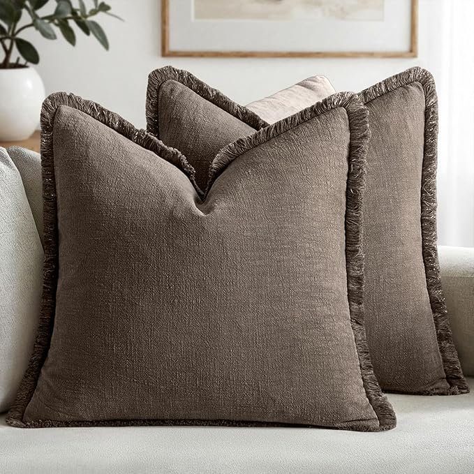 MIULEE Decorative Throw Pillow Covers Neutral Linen Fringe Throw Pillows Euro Shams Set of 2 Natural Coffee Boho Farmhouse Cushion Covers for Couch Sofa Bed Living Room Fall Home Decor 24x24 Inch