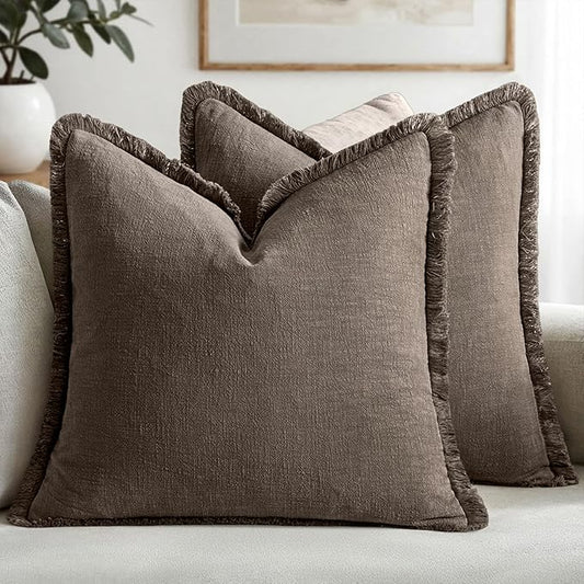MIULEE Decorative Throw Pillow Covers Neutral Linen Fringe Throw Pillows Set of 2 Natural Coffee Boho Farmhouse Cushion Covers with Tassels for Couch Sofa Bed Living Room Spring Decor 18x18 Inch