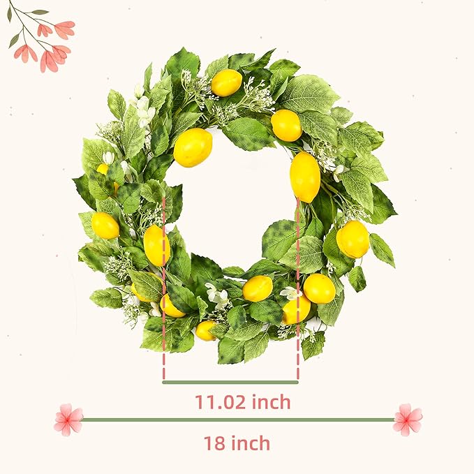 YNYLCHMX 18" Wreaths for Front Door, Artificial Floral Lemon Wreath with Green Eucalyptus Leaves, Green Foliage Wreath for Wall Window Farmhouse Party Holiday Home Decor