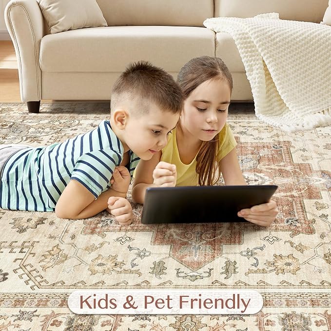 Tortania Area Rug Living Room Rugs - 5x7 Washable Boho Rug Vintage Oriental Distressed Farmhouse Large Thin Indoor Carpet for Living Room Bedroom Under Dining Table Home Office - Rust/Cream