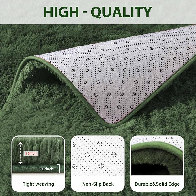FinRèc Green Rugs for Living Room Bedroom, 4x6 Feet Fluffy Fuzzy Shag Rug, Non-Slip Furry Shaggy Area Rug for Nursery Kids Room Dorm Room Home Decor, Indoor Floor Carpet
