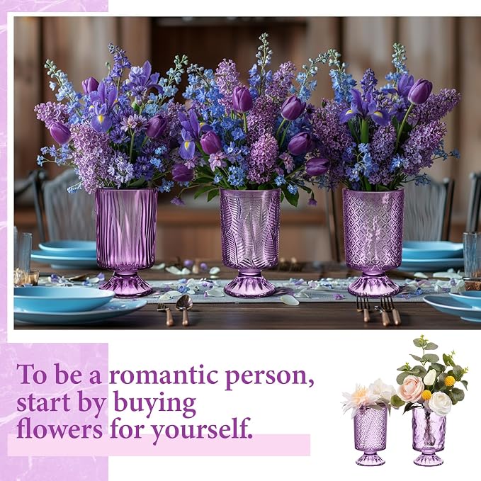 6 Pcs (H: 7" W: 4") Embossed Flower Vase Pedestal Glass Vase Big Base Thickened Crystal Vintage Vases for Wedding Party Home Decor Table Centerpiece House Warming Gifts (Purple,Classic)