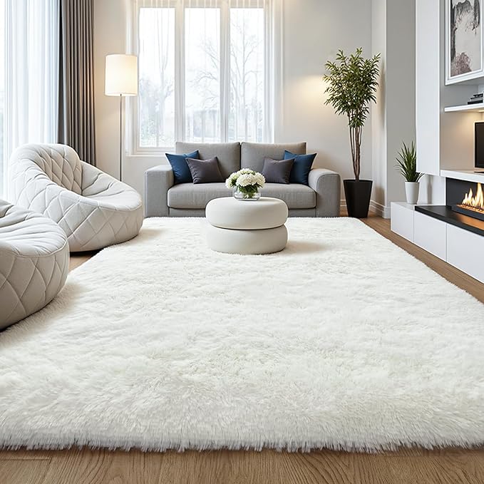 Fluffy 9x12 Large Area Rugs for Bedroom Living Room, Cream White Soft Washable Shag Carpet for Kids Room, Nursery, Dorm Decor, Colorful Cute Plush Fuzzy Rugs for Baby Toddler