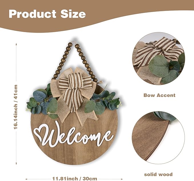 CondorPasea 12 Inch 3D Welcome Sign for Front Door, Round Wooden Welcome Door Sign with Artificial Greenery, Buffalo Plaid Bow & Rustic Beads, Farmhouse Porch Home Decor Gift