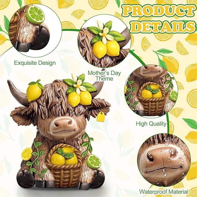 Wesiti 2 Pcs Lemon Highland Cow Figurines Summer Highland Cow Gnomes Scottish Resin Statue Calf Lemon Gifts for Spring Home Garden Kitchen Office Tiered Tray Table Decor