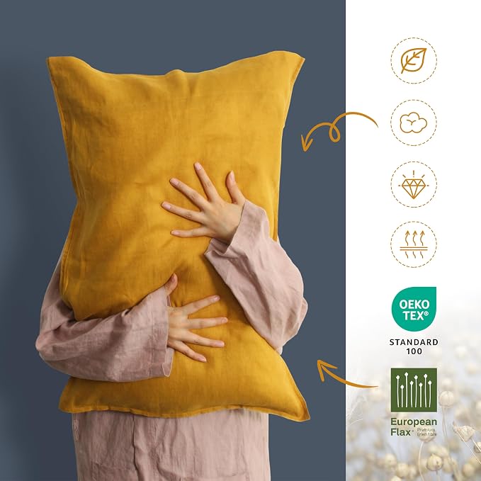 Linen World 100% French Natural Linen Pillowcase Set of 2 - Stone Washed,Moisture-Absorbing Queen Size Pillow Shams (20''x30''),Yellow