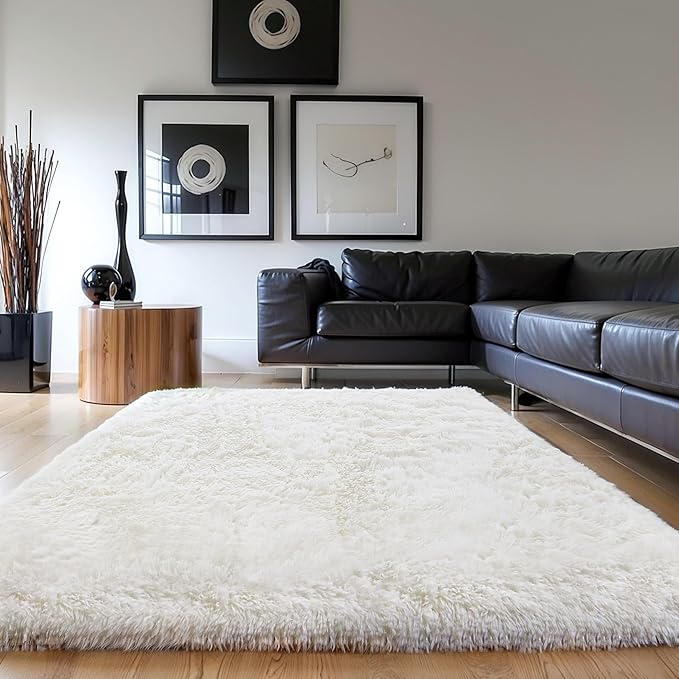 KICHOWUA Thick Area Rug 6x9 Cream White Fluffy Shag for Bedroom Living Room, Soft Plush Washable Thickened Non-Slip Fuzzy Furry Carpet, Modern Shaggy Large Rugs for Kids Nursery Boys Girls Dorm, Ivory