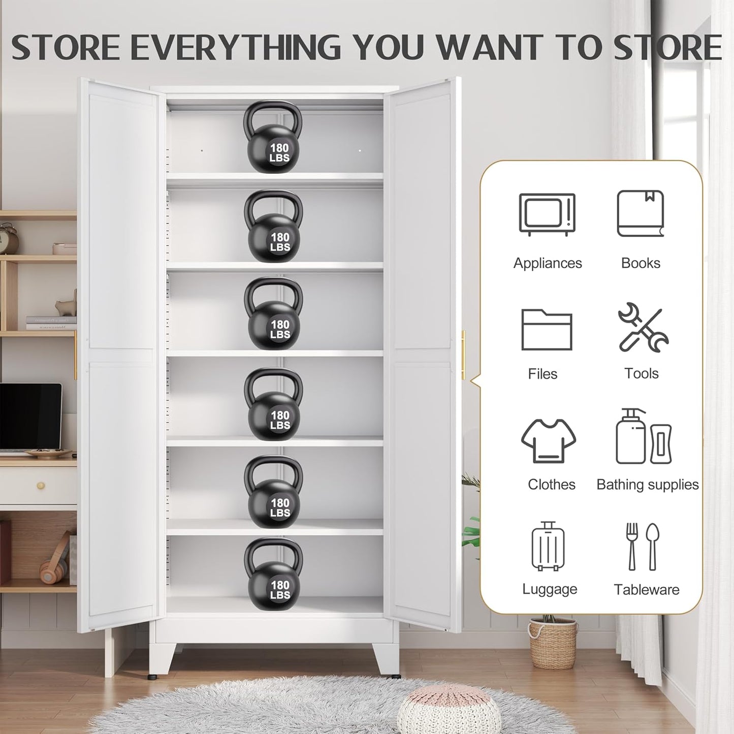 75.2" Tall Pantry Cabinet, Kitchen Pantry Storage Cabinets with 2 Door and 5 Adjustable Shelves, White Metal Pantry Storage Cabinet, Cupboard for Kitchen, Dining Room, Living Room and Bathroom