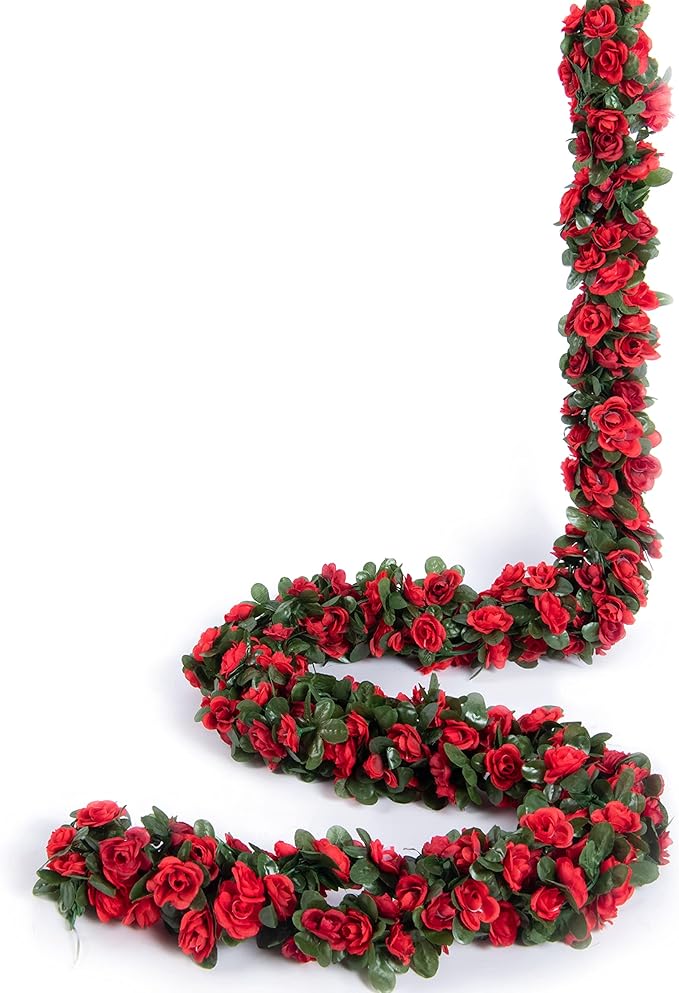 PONKING 6 Pcs x 8.2 ft Flower Garland Artificial Rose Vine Flowers with Green Leaves Hanging Fake Roses Vine for Room Party Home Wedding Birthday Christmas Wall Arch Decor, Spring Red Flower