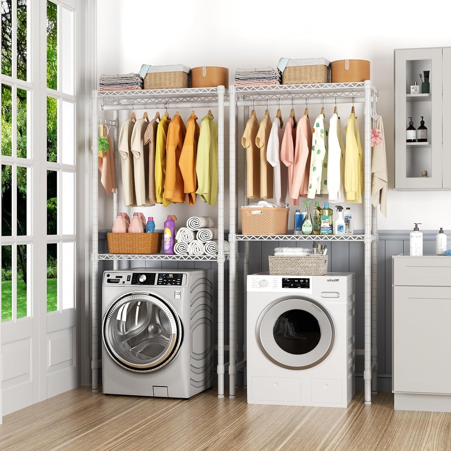 Over Washer and Dryer Shelves,2 Tier Adjustable Height Wire Shelving Laundry Room Storage Organization Clothes Drying Rack with Hanger Rod&Hooks,Space Saving Organizers Shelf,White