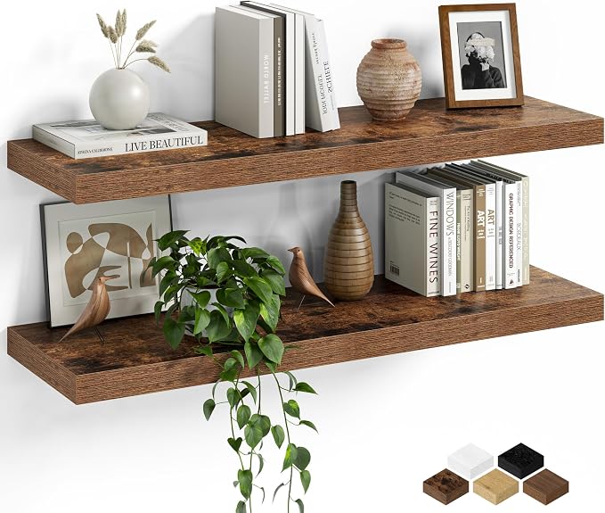 Fun Memories Floating Shelves for Wall, 30 Inch Set of 2 Rustic Wood Wall Shelves with Invisible Brackets, Heavy Duty Storage Display for Living Room Bedroom Kitchen, Brown