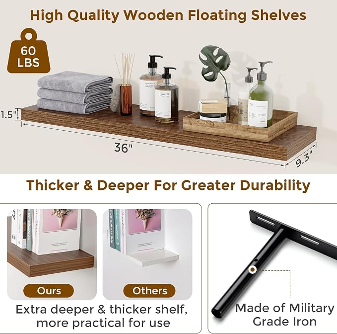 Floating Shelves for Wall, 36 inch Long Shelf, Walnut Wooden Wall Mounted Shelves for Bathroom Living Room Kitchen Bedroom Storage & Organizer, 36 x 9.3 x 1.5 in, 2 Packs