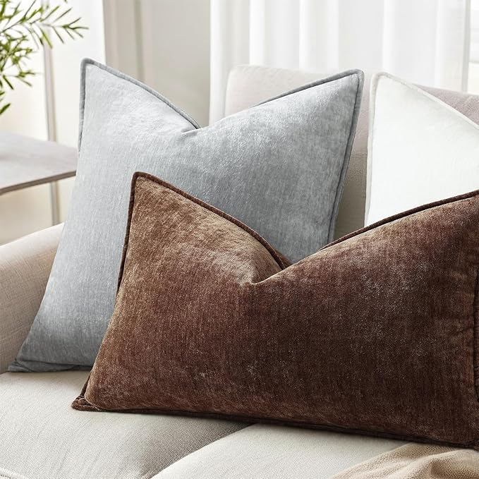 decorUhome Summer Couch Throw Pillow Covers 12x20 Set of 2, Decorative Soft Velvet Modern Cozy Chenille Lumbar Pillow Cases with Elegant Design for Sofa Bed Living Room Home Decor, Dark Brown