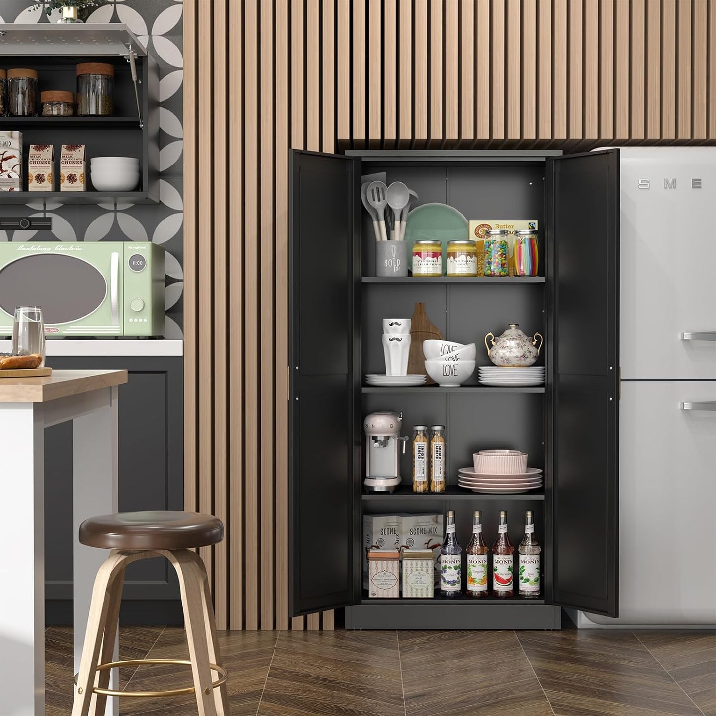 Kitchen Cabinet Storage,60”Metal Pantry Cabinet with Doors and 3 Adjustable Shelves,Food Pantry Cabinets with 2 Gold Handles,Black Tall Storage Cabinet for Livingroom,Pantry,Bathroom,Kitchen