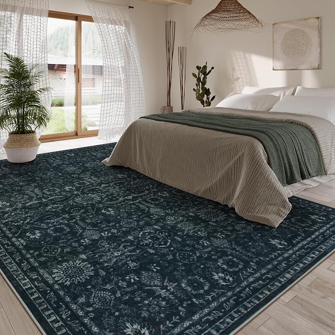 Lahome 9x12 Black Moody Rug for Living Room, Dark Academia Basement Rug | Vintage Washable Non Slip Non Shedding Soft Carpet for Dining Room Bedroom