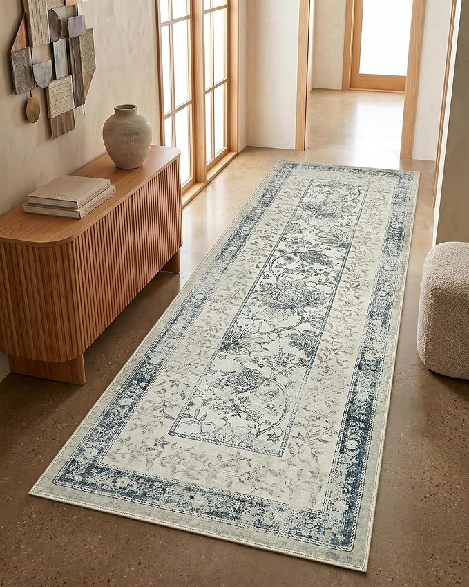 GarveeHome Vintage Blue Non-Slip Washable 2x6 Kitchen Runner Hallway Rug Cottage Core Retro Farmhouse Low-Pile Stain Resistant Rugs for Entryway Bathroom Bedroom TPE Backing