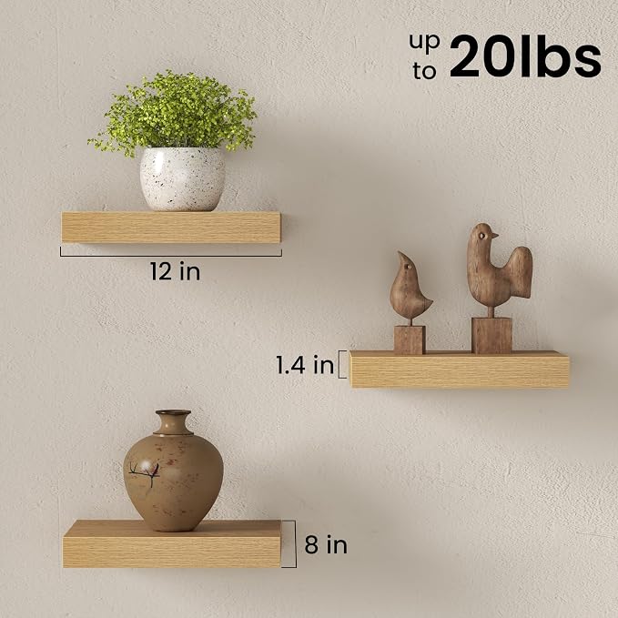 Fun Memories 12 Inch Floating Shelves for Wall Set of 3, Wood Grain Bathroom Shelves with Invisible Brackets, Easy Install Wood Storage Shelves for Kitchen, Living Room, Bedroom, Oak