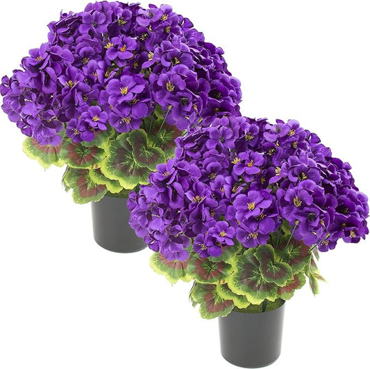 lovemoon 2Set Geranium Potted Artificial Flowers,Fake Geranium Plants for Outdoor Home Décor Office Tables Porch Garden Decor (2, Purple)