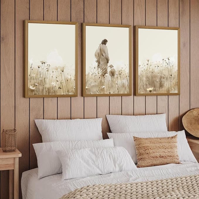 Jesus Leaves the 99 Sheep Wall Art Christian Canvas Poster Jesus and Lamb Wall Decor Religious Pictures Lost Sheep Painting God Christ Painting Artwork for Bedroom Living Room 12x16x3 Inch Wood Framed